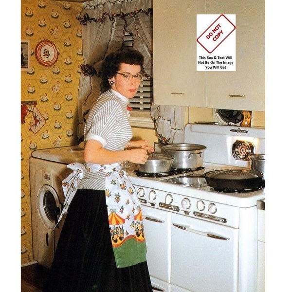 1950s Housewife in Kitchen Making Dinner American Wife Candid Photo Snapshot Retro Color Photograph Picture 153C