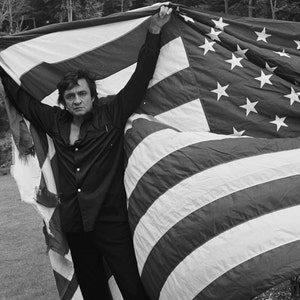 Johnny Cash Folsom Prison Blues Man In Black US Flag Photo Singer Cash Singer Songwriter Folsom State Prison Old Photo Cool Gift Poster 9845