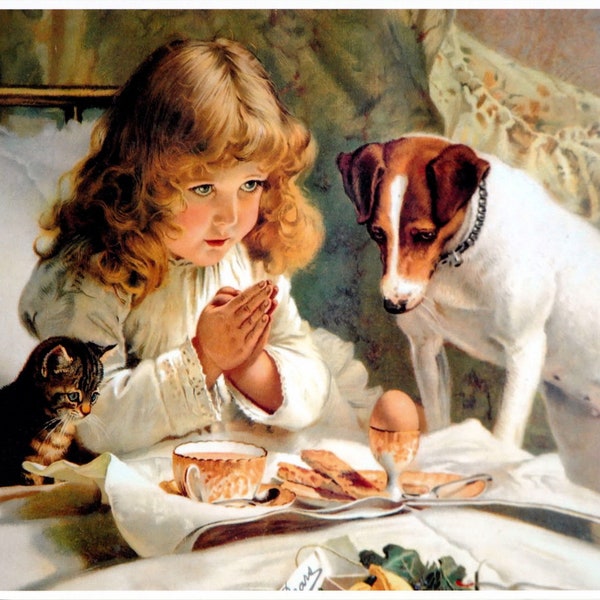 CHARLES BARBER Cute Little Girl Praying Jack Russell Terrier Dog Cat Suspense Vintage Lovable Art Rare Photo Color Picture Print 8565