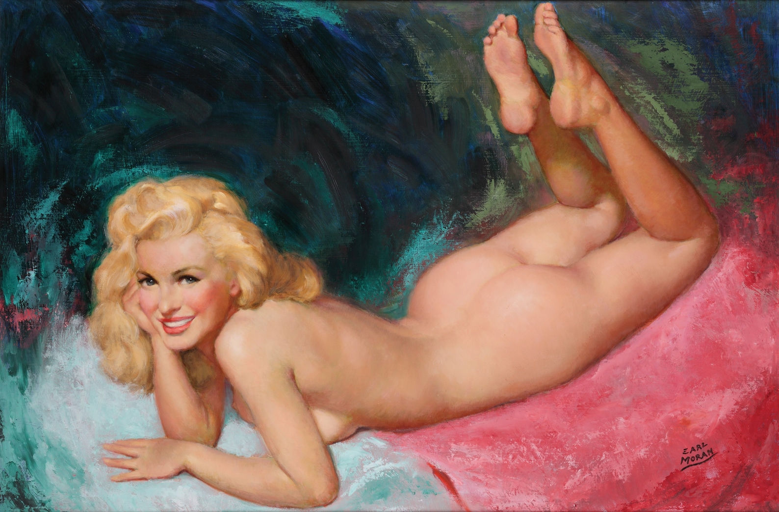 EARL MORAN Busty Nude Pinup Modelo Sexy Rubia Media Piernas imagen 1.