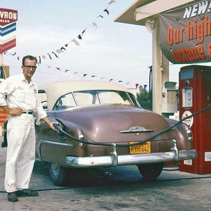 Chevron Standard Oil Dealer Gas Station Service Attendant Vintage Photo 1950s Car Auto Nostalgic Americana Looking Back Print Photograph L18