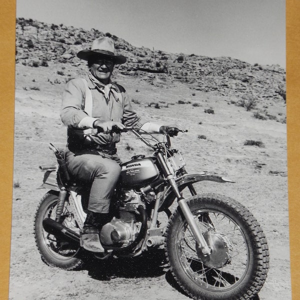 John Wayne Rides Honda 350SL Motorcycle Cowboy Movie Set The Duke 1971 Biker Vintage Photo Print Black and White Photograph 123