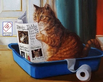 Kitty Throne by Lucia Heffernan, Cat Reading Newspaper in Litter Box Funny Cute Vintage Lovable Art Photo Color Painting Print 431C