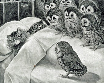 Cat Nightmare Owl Kitten Sleeping Art Painting Drawing Wall Poster Picture Wall Print Vintage Photo Black And White Photograph 5329