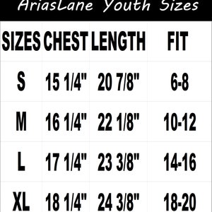 May include: A chart showing youth sizes for clothing with chest and length measurements in inches and corresponding age fit. Sizes include S, M, L, and XL.