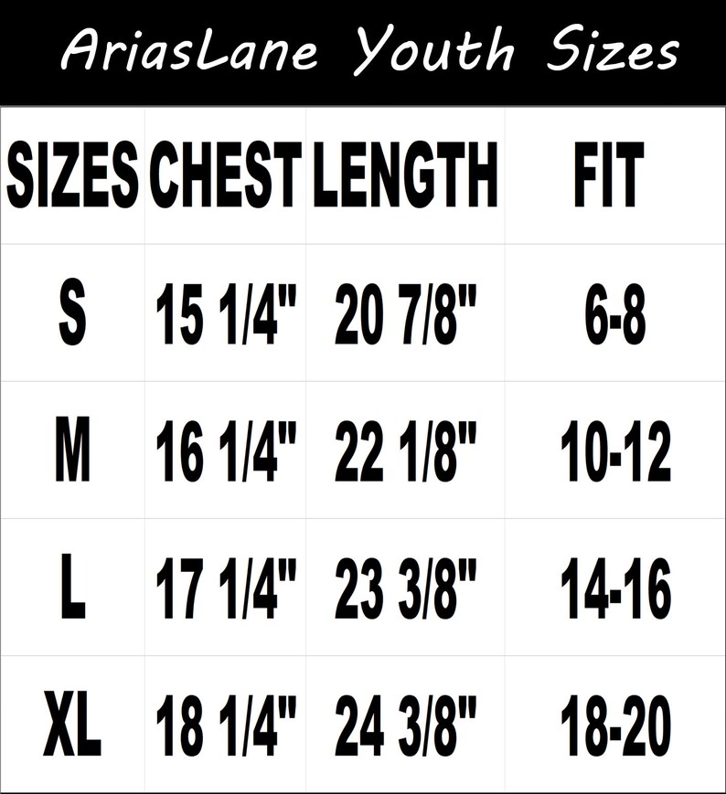 May include: A chart showing youth sizes for clothing with chest and length measurements in inches and corresponding age fit. Sizes include S, M, L, and XL.