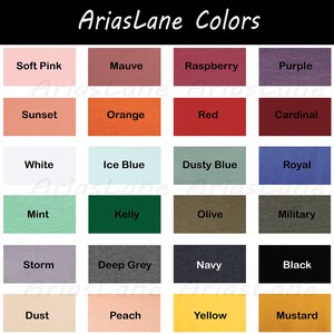 May include: A chart of 20 different colour swatches with the name of each colour written below the swatch. The colours are arranged in four rows of five swatches each. The colours include soft pink, mauve, raspberry, purple, sunset, orange, red, cardinal, white, ice blue, dusty blue, royal, mint, kelly, olive, military, storm, deep grey, navy, black, dust, peach, yellow, and mustard.