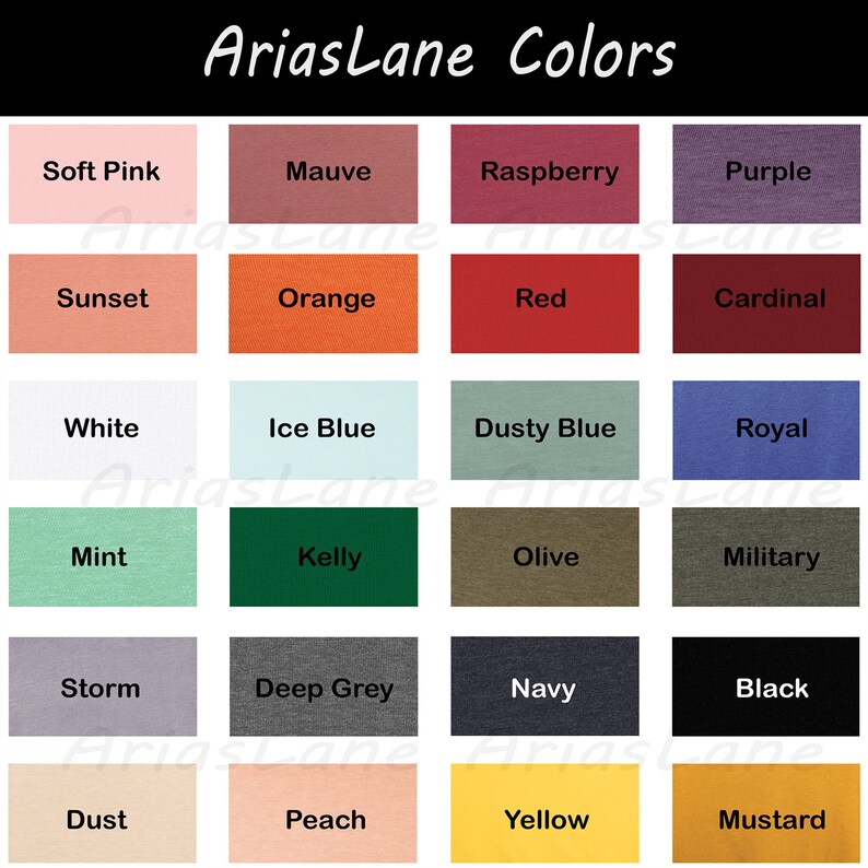 May include: A chart of 20 different colour swatches with the name of each colour written below the swatch. The colours are arranged in four rows of five swatches each. The colours include soft pink, mauve, raspberry, purple, sunset, orange, red, cardinal, white, ice blue, dusty blue, royal, mint, kelly, olive, military, storm, deep grey, navy, black, dust, peach, yellow, and mustard.