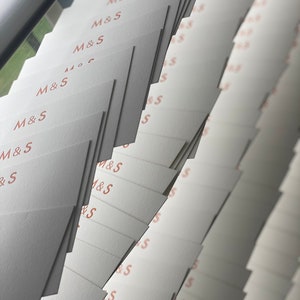 May include: A stack of white cards with the letters "M&S" printed in orange on each card.