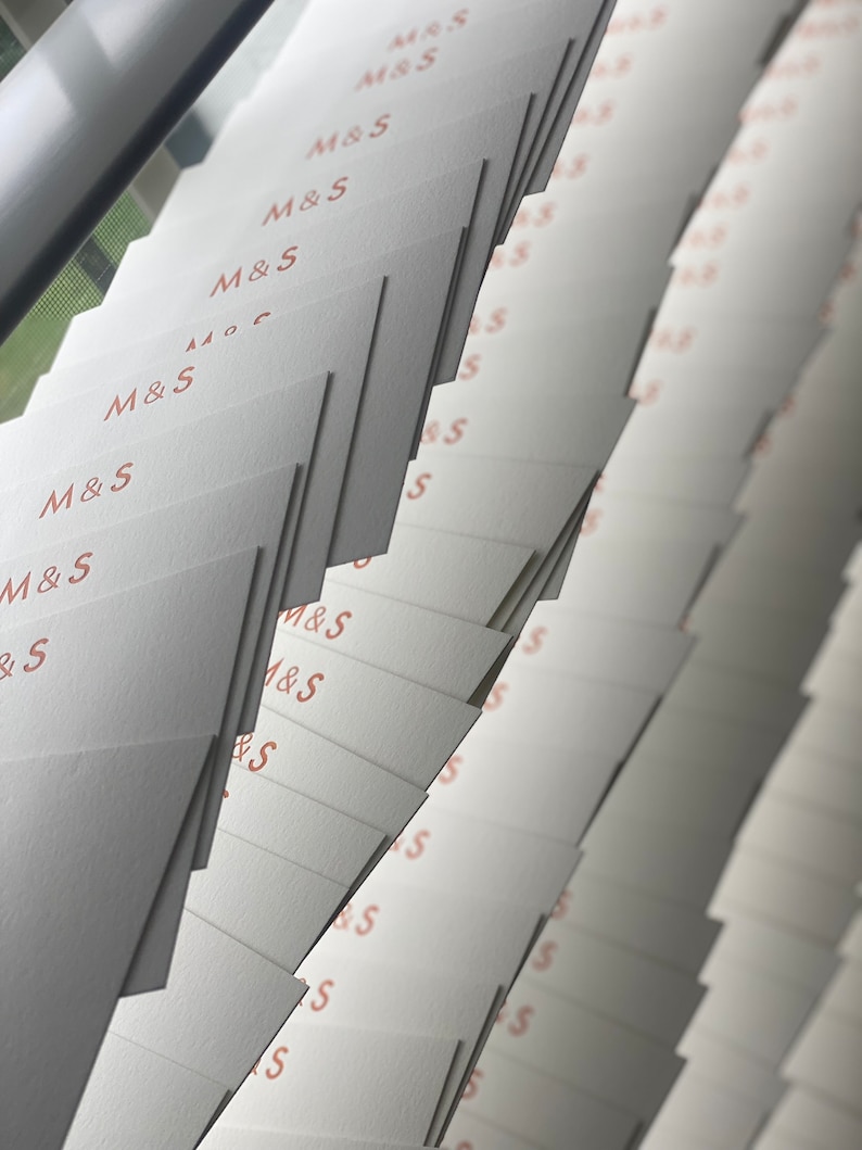 May include: A stack of white cards with the letters "M&S" printed in orange on each card.