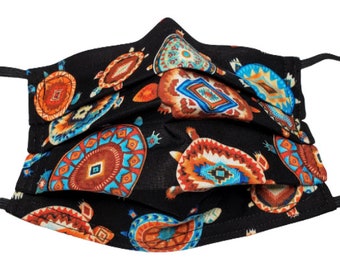 Turquoise Turtles Southwestern Mask Handmade Reusable Adjustable Face Mask with Nose Pinch Wire and Filter Compartment double layer cotton