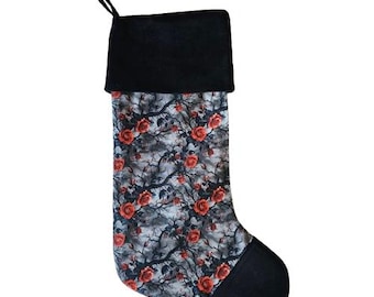 Gothic Christmas Stocking, Red Roses, Black Branches, Graveyard Ghouls, Witchy, Zombie vibes holiday Decor