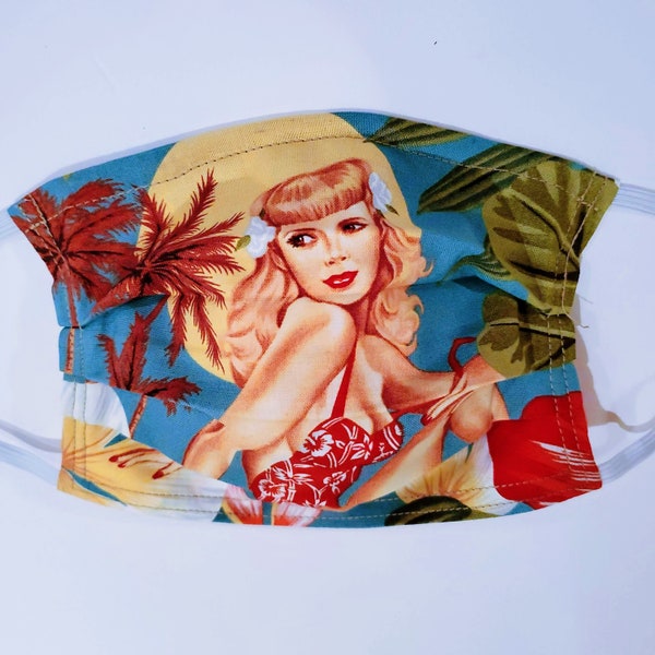 Retro Blonde Pin Up Reusable Face Mask with Nose Pinch Wire and Filter Compartment