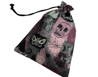 Tarot Card Deck Pouch, Dice Pouch, Drawstring Pouch 100% Cotton - Skulls, Crystals, and Moths Design