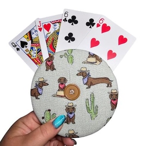 Portatarjetas de algodón hecho a mano con diseño de Cowboy Dogs, organizador de tarjetas fácil para personas mayores, niños, todas las edades, noches de juegos familiares y viajes