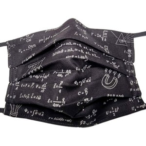 May include: Black face mask with white mathematical equations and symbols printed on it. The mask has elastic ear loops.