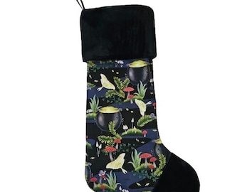 Cat Eyes, Mushrooms & Moths Cotton Gothic Christmas Stocking, Alternative Holiday Decor, Witchy Stocking , Beautiful  Cauldron Spooky Gift
