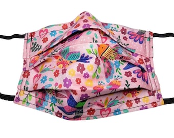 Handmade Colorful Birds Face Mask, Adjustable with Filter Pocket
