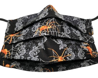 Filigree Skulls and Spiders Mask Adjustable Reusable Face Mask with Nose Pinch Wire and Filter Compartment 100% cotton double layer