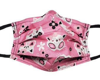 Cat Sugar Skulls Face Mask, Handmade Reusable Cotton Mask