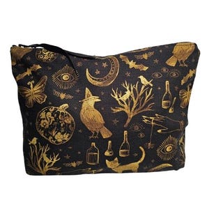 Golden Spells Witchy Cosmetic bag | Witchy Gothic Pencil Pouch | Gothic Travel Pouch | Water-Resistant Zipper Bag | Gothic Art Supply Case