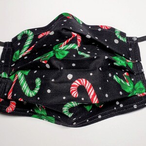 Christmas Candy Canes on Black Holiday Reusable Adjustable Face Mask