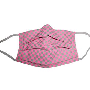 May include: A pink and gray checkered face mask with gray elastic ear loops. The mask is made of fabric and has a pleated design for a comfortable fit. The checkered pattern is a repeating grid of pink and gray squares.