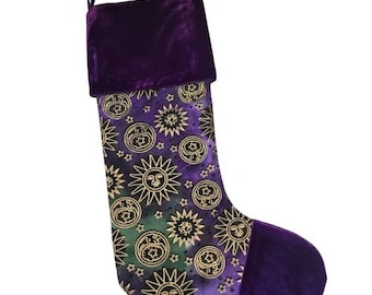 Metallic Sun & Moon, Astrology, Space, Batik Fabric Christmas Stocking, Gothic Holiday Decor