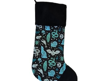Snakes & Wolves Flannel Gothic Christmas Stocking, Shades of Blue, Alternative Holiday Decor, Witchy Stocking, Beautiful Dark Aesthetic Gift