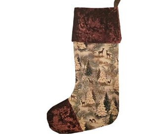 Glittering Deer, Christmas Trees, Snowy woods, Forest Stocking, Holiday Decor