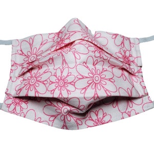 Pink Flower Outlines Reusable Adjustable Face Mask with Nose Pinch Wire and Filter Compartment 2 layers  100% cotton