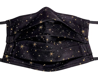 Metallic Gold Twinkling Stars Adjustable Face Mask with Nose Pinch Wire and Filter Compartment