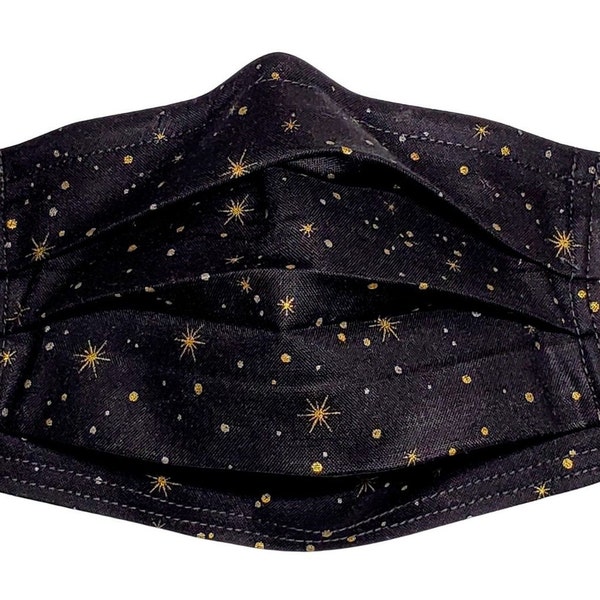 Metallic Gold Twinkling Stars Adjustable Face Mask with Nose Pinch Wire and Filter Compartment