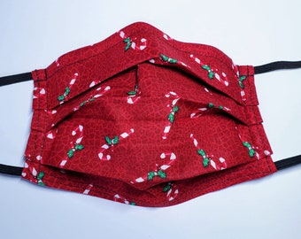 Red Candy Canes Christmas Reusable Adjustable Face Mask With Filter Compartment and Nose Pinch Wire