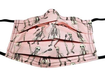 Pink Dancing Skeletons Mask Adjustable Reusable Face Mask with Nose Pinch Wire and Filter Compartment 100% cotton double layer