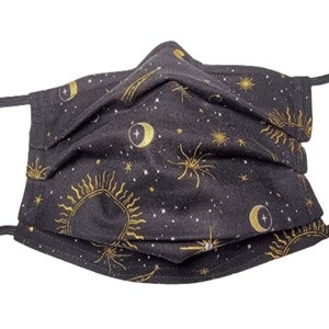 Metallic Mystic Moons and Suns Mask Adjustable Reusable Face Mask with Nose Pinch Wire and Filter Compartment 100% cotton double layer