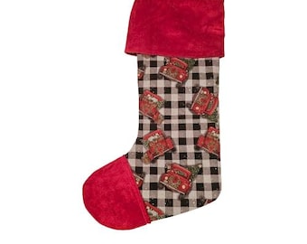 Red Trucks Christmas Stocking, Country, Western, Plaid, Country Decor