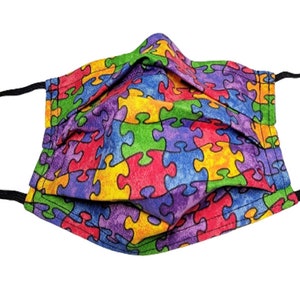 Puzzle Pieces Handmade Reusable Adjustable Face Mask with Nose Pinch Wire and Filter Compartment