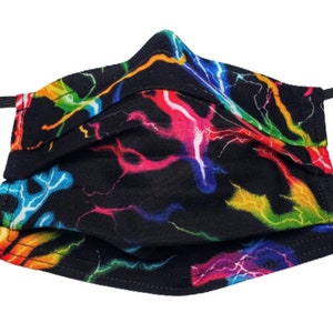 May include: A black face mask with a rainbow lightning bolt pattern. The mask has elastic ear loops.