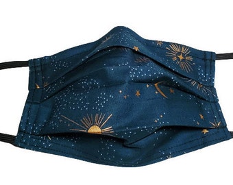 Metallic Stars and Cosmos reusable face mask with nose pinch wire and filter compartment