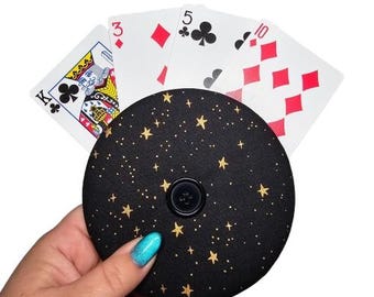 Metallic Gold Stars Galaxy Handmade Cotton Playing Card Holder, Easy Card Organizer for Seniors, Kids, All Ages | Family Game Night & Travel