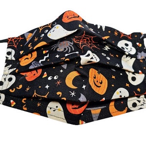 Little Ghosties and Pumpkins Black Mask  Adjustable Reusable Face Mask with Nose Pinch Wire and Filter Compartment 100% cotton double layer