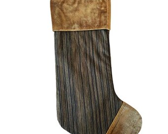 Forest Stripes Christmas Stocking, Alternative Holiday Decor, Woods Cabin Velvet Stocking , Forest, Beautiful Aesthetic Gift