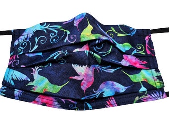Neon Birds Mask Handmade Reusable Adjustable Face Mask with Nose Pinch Wire and Filter Compartment 2 layers 100% cotton