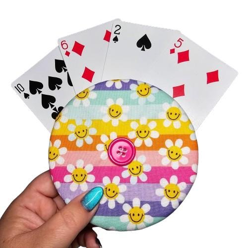 Retro Smiley Daisies Handmade Cotton Playing Card Holder, Easy Card Organizer for Seniors, Kids, All Ages | Family Game Night & Travel