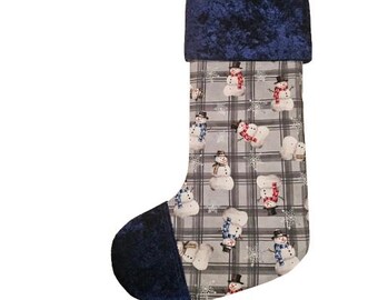Baby it's cold outside! Gray/blue, Plaid, Frosty, Snowman print cute and fun Christmas Stocking