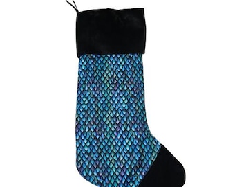 Blue Dragon Scales Gothic Cotton Christmas Stocking, Beautiful Alternative Holiday Decor, Witchy Firery Stocking , Dark Aesthetic Gift