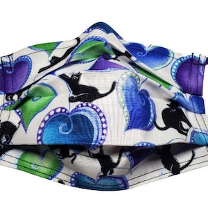 Metallic Black Cats and Hearts in Cool Colors Reusable Adjustable Face Mask with Nose Pinch Wire and Filter Compartment