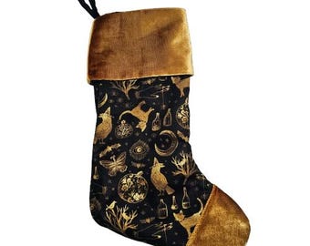 Gothic Christmas Stocking, Golden Spells, Graveyard, Metallic print, Dark Holiday Decor