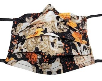 Skulls and Fall Blooms Mask Adjustable Reusable Face Mask with Nose Pinch Wire and Filter Compartment 100% cotton double layer